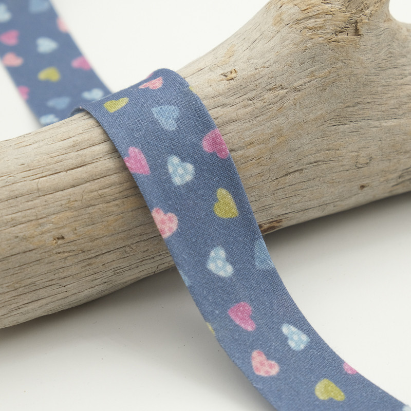 25MM Printed Bias Tape Love Blue Denim